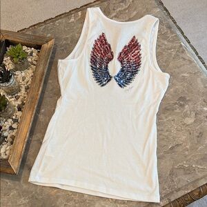 Guess White Tank Top with Red and Blue Angel Wings